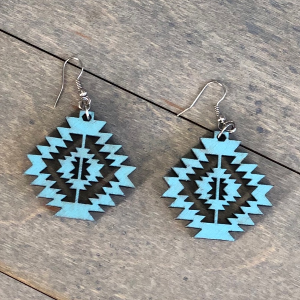 Beautiful Handmade Wood Stained & Laser Cut Aztec Tribal Patterned Large Dangle